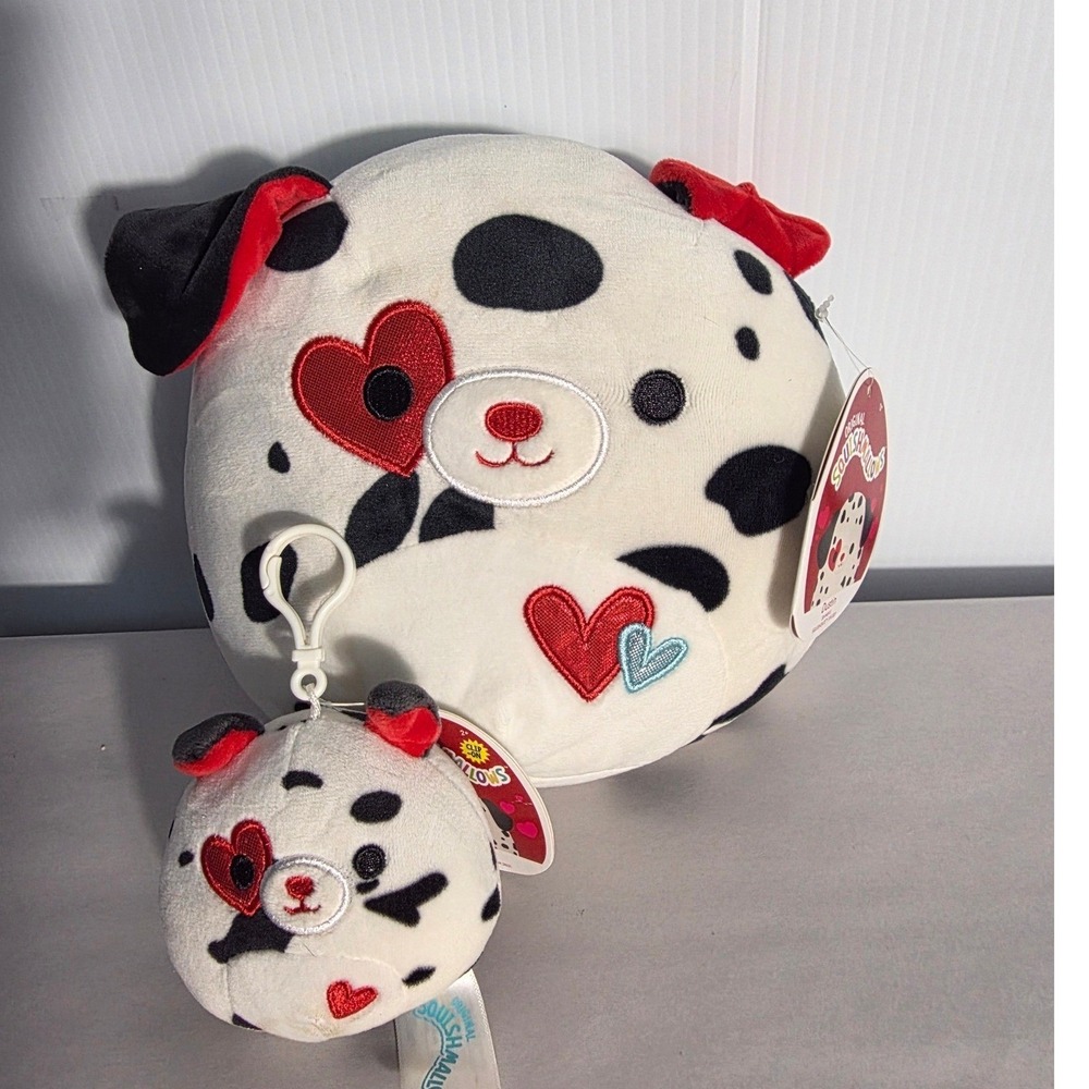 Squishmallows Dustin Dalmatian Heart and Plush Toy Keychain Set
